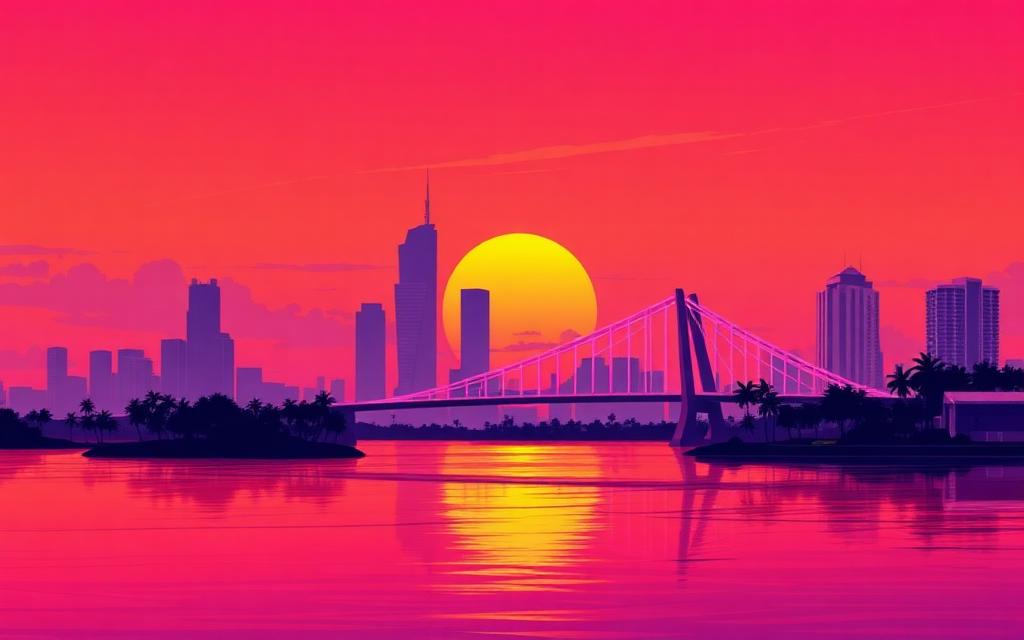 Neon illustration of Venetian Causeway, Miami