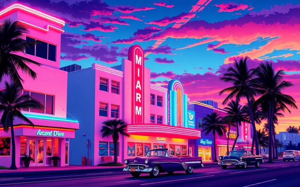 Neon illustration of Ocean Drive & the Art Deco District, Miami